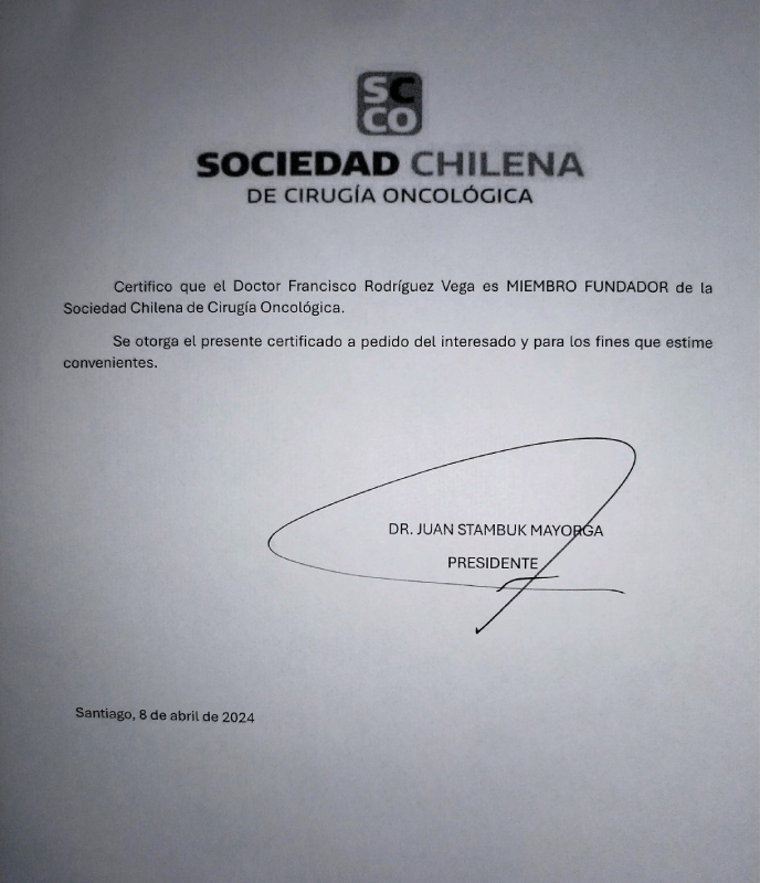 Certificado miembro fundador Sociedad Chilena de Cirugia Oncológica